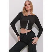 Trend Alacati Stili Ženska bluza dugih rukava ALC-X11498, Okrugli izrez, Crna