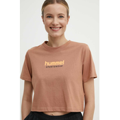 Bombažna kratka majica Hummel ženski, rjava barva