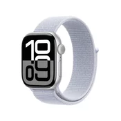 Apple Watch Series 10: GPS + Cellular, 42 mm, ohišje iz aluminija v srebrni barvi, pašček Sport Loop v barvi modrega oblaka