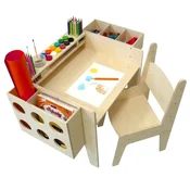 Kinder home deciji drveni sto sa podesivom visinom, stolicom i organizatorom, montesori sto za crtanje, edukativni set za decu, prirodno dr
