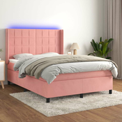 Vidaxl Box spring postelja z vzmetnico LED roza 140x190 cm žamet