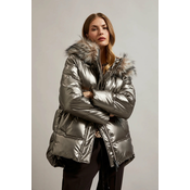 Womens metallic jacket with fur hood MOODO - beige