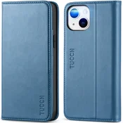 TUCCH usnjena preklopna torbica za iPhone 14 – modra