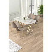 Hanah Home trpezarijski set Lai, sto i 4 stolice, ploca u dekoru belog mermera, zlatne noge, kapucino tkanina Babyface
