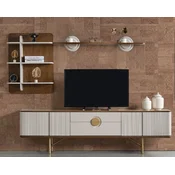 Casa Padrino luxury living room TV cabinet set light gray/brown/brass - 1 TV Cabinet & 1 Wall Shelf - Living room furniture - Solid wood furniture - Luxury furniture - Luxury furnishings