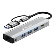 Hub postaja Techsuit BoostNetLink 5v2 (H3) USB, USB-C - 3x USB-A, 1x USB-C, Ethernet RJ45, 1000Mbps - gray