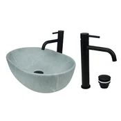 shumee GTM Design Aufsatzwaschbecken 48 cm Matt Set mit Waschtischbatterie und Stopfen - Aufsatzwaschbecken Oval für Badezimmer - Modern Waschbecken ohne Hahnloch - Waschbecken mit Armature