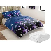 Komplet posteljnine mikropliš VIOLET BUTTERFLY temno modra + rjuha mikropliš SOFT 180x200 cm bela, zakonska postelja