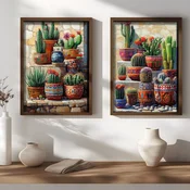 WallXpert set uramljenih MDF slika NAL192-70, kaktusi u šarenim saksijama na kamenim stepenicama, 2 x 50 x 70 cm