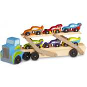 Dječja drvena igračka Melissa & Doug – Nosač automobila, 6 autića