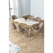 Hanah Home trpezarijski set Prah, sto i 6 stolica, ploca u dekoru belog mermera, zlatne noge, kapucino tkanina Babyface