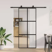 vidaXL Drsna vrata z opremo črna 90x205 cm kaljeno steklo