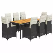 9-dijelni vrtni bistro set od poliratana s jastucima crni Crna 190 x 90 x 75 cm