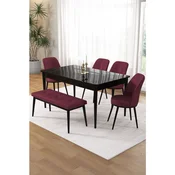 Hanah Home trpezarijski set Pir, sto, 4 stolice i klupa, ploca u dekoru crnog mermera, bordo tkanina Babyface