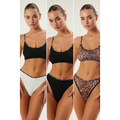 Trendyol Black-Multicolored 3-Piece Camisole Animal Thong Panties