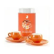 Danesi Duo Plus Set Orange Honduras Beans - Kaseta za temna kavna zrna 250 g + 2 skodelici in 2 krožnika - oranžna
