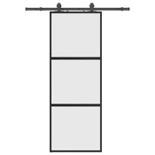 Vidaxl Drsna vrata z opremo črna 76x205 cm kaljeno steklo