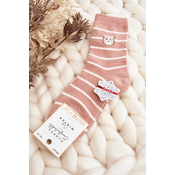 Womens warm striped socks with teddy bear, pink