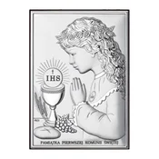 shumee Srebrna slika z dekletom kot spominek na prvo sveto obhajilo + gravura DS04A 7 x 9,5 cm