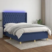 Greatstore Box spring postelja z vzmetnico LED modra 140x190 cm blago