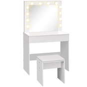 HOMCOM HOMCOM Komplet mizice za ličenje z ogledalom, 12 lučkami LED, oblazinjenim stolčkom in velikim lesenim predalom, 80 × 40 × 140 cm, bela, (20752798)