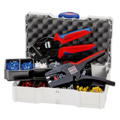 Knipex samopodešavajuca klešta za krimpovanje za hilzne + automatska klešta za skidanje izolacije Multistrip u TANOS MINI-systainer® plasticnoj kutiji sa izolovanim hilznama (97 90 17)