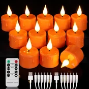 Nikcorp LED čajne svečke na akumulator, komplet 12 kosov, polnjenje USB prek daljinskega upravljalnika, topla bela svetloba, oranžne, silikon, do 36 ur