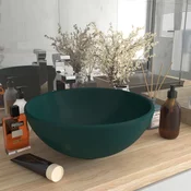 vidaXL Razkošen umivalnik okrogel mat temno zelen 32,5×14 cm keramičen