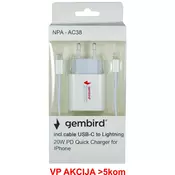 NPA-AC38 ** Gembird PD brzi punjac +USB C kabl na lightning Apple iphone 20W 5V/3A, 9V/2 (847)