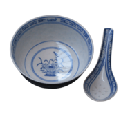 Skodelica z žličko za riž, omako, čaj, kavo z krožničkom , set 1/6, rižev porcelan, dekor roža, moder, navaden rob
