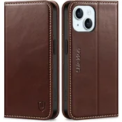 SHIELDON Usnjena Preklopna Torbica za iPhone 15 – Denarnica RFID + Stojalo (Retro Rjav)