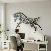 WallXpert metalni zidni ukras 5570, konj u skoku od grana drveca, 100 x 53 cm, crni