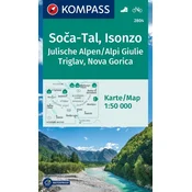 shumee Soca-Tal / Dolina Soče. Julijske Alpe, Triglav. Vodotesen turistični zemljevid 2804. Izdaja 2025. Kompass