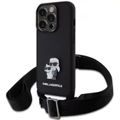 Ovitek Karl Lagerfeld Saffiano crossbody trak z kovinsko Karl and Choupette masko za iPhone 15 Pro črn (KLHCP15LSAKCPBK)