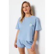 Trendyol Blue Cotton Printed T-shirt-Shorts Knitted Pajamas Set