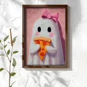WallXpert uramljena MDF slika NAL086-70, duh sa roze mašnom jede parce pice na roze pozadini, 50 x 70 cm