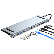 FAST ASIA Adapter TIP-C HUB na 4xUSB +SD/micro+RJ45+ HDMI+ VGA+ PD+ Audio srebrni
