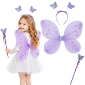 Nikcorp Kostum metulja za otroke Vijolična krila vile 3 v 1 set krila 38 x 40 cm opaska s tipalkami palčka iz umetne mase lahka za karneval maskenbal rojstni dan in fotografiranje