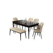 Hanah Home trpezarijski set Pir, sto, 4 stolice i klupa, ploca u dekoru crnog mermera, krem tkanina Babyface