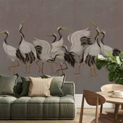 Foto tapeta - Crane dance – bright silhouettes of birds against a warm grey background with texture 250x175 Premium