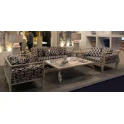 Casa Padrino Luxury Baroque Wrought Iron Furniture Set White/Blue/Gold - 1 Sofa & 2 Armchairs & 1 Coffee Table - Living Room Furniture - Garden Furniture - Luxury Baroque Furniture