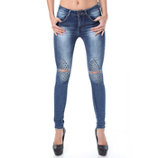 Skinny jeans hlače kavbojke z raztrganimi koleni in zakovicami