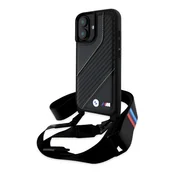 Silikonska futrola za telefon iPhone 16 Plus BMW M EDITION CARBON STRIPE & STRAP s završnom obradom od ekokožice i trakom za vrat, CRNA BMHCP16M23PSCCK
