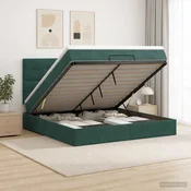 vidaXL Otomanska postelja z vzmetnico in LED Temno zelena 140 x 190 cm