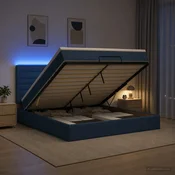 vidaXL Otomanska postelja z vzmetnico in LED Modra 140 x 200 cm Blago