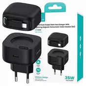 USAMS USAMS ŁAD. SIEC. 1XUSB-C ZE ZWIJANYM KABLEM LIGHNING RETRACTABLE PD+QC 35W GAN FAST CHARGING CZARNY/BLACK XMF SERIES CC209TC01 (US-CC209), (21974790)
