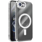 AVIZAR Ovitek za iPhone 16e, združljiv z MagSafe, z obrobo iz okrasnih kamnov, Srebrna, (5000189786)