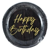 Elegantni črno-zlati papirnati krožniki z napisom Happy Birthday, set 8 kosov, 23 cm