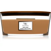 Woodwick Santal Myrrh dišeča sveča z lesenim stenjem (hearthwick) 453,6 g