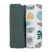 PETITE&MARS Odeja iz bambusa iz muslina 2 kosa Misty Green Leaves 2v1, 120 x 120 cm